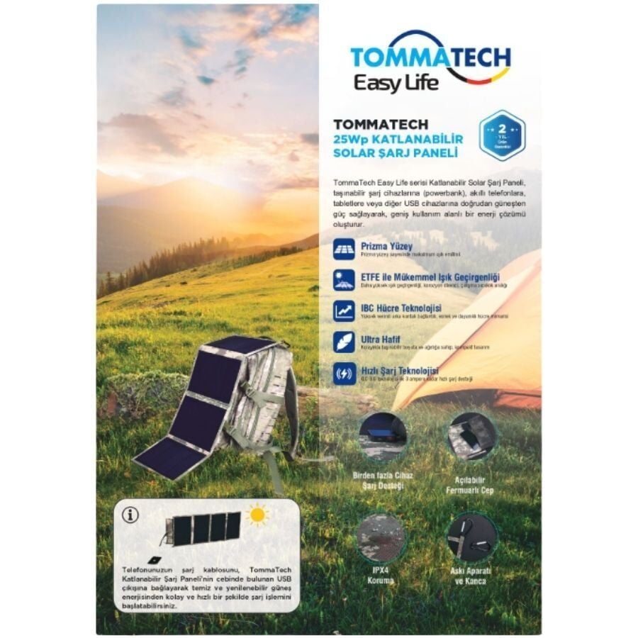 TommaTech Easy Life 25Wp Katlanabilir Güneş Paneli | Taşınabilir Solar Şarj Paneli