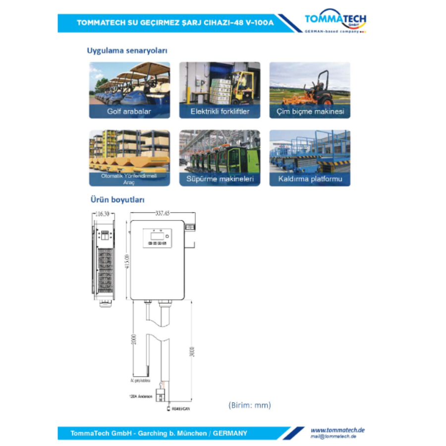 TommaTech Batarya Şarj Ünitesi Duvar Tipi 48V-100A