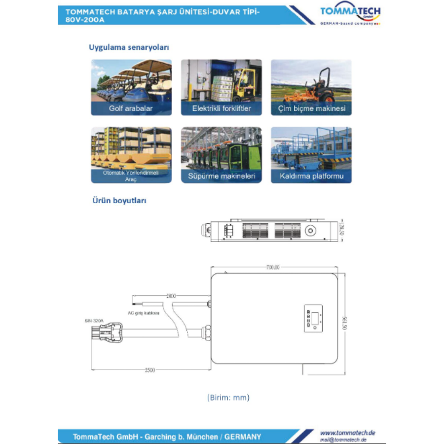 TommaTech Batarya Şarj Ünitesi Duvar Tipi 80V-200A