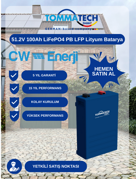TommaTech 51.2V 100Ah LiFePO4 lityum batarya – ev & güneş enerjisi depolama modülü