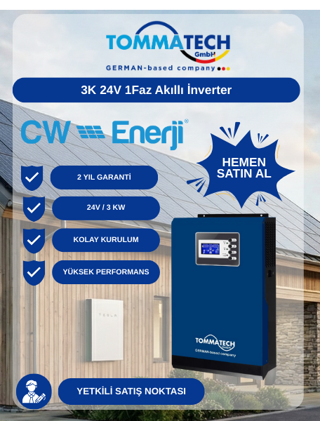 TommaTech New Pro MPPT 3 kW 24V Akıllı İnverter – Tek Faz Güneş Enerjisi İnverteri
